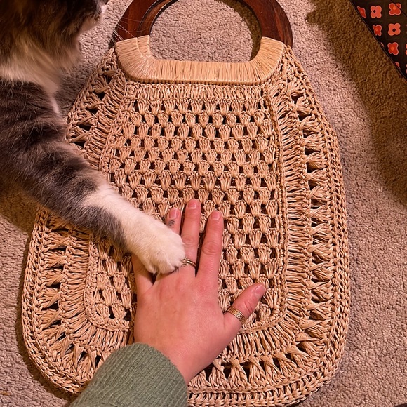 Vintage 1970s macrame straw and wood bag boho groceries - Picture 3 of 6